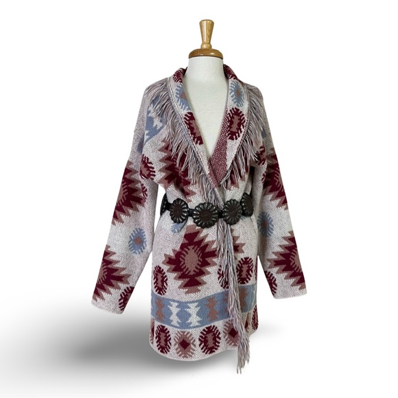 Vintage Southwest Sweater Coat with Shawl Collar & Fringe - Picture 2 of 7